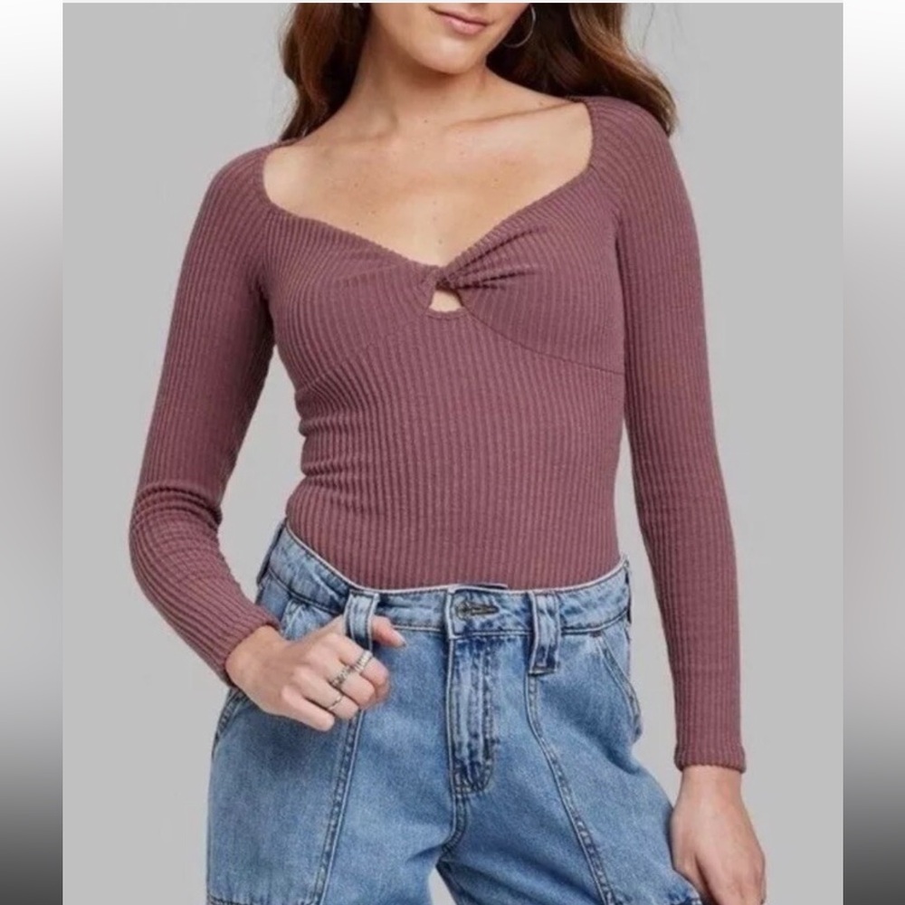 Wild Fable Ribbed Cozy Knit Long Sleeve Twist Front Bodysuit